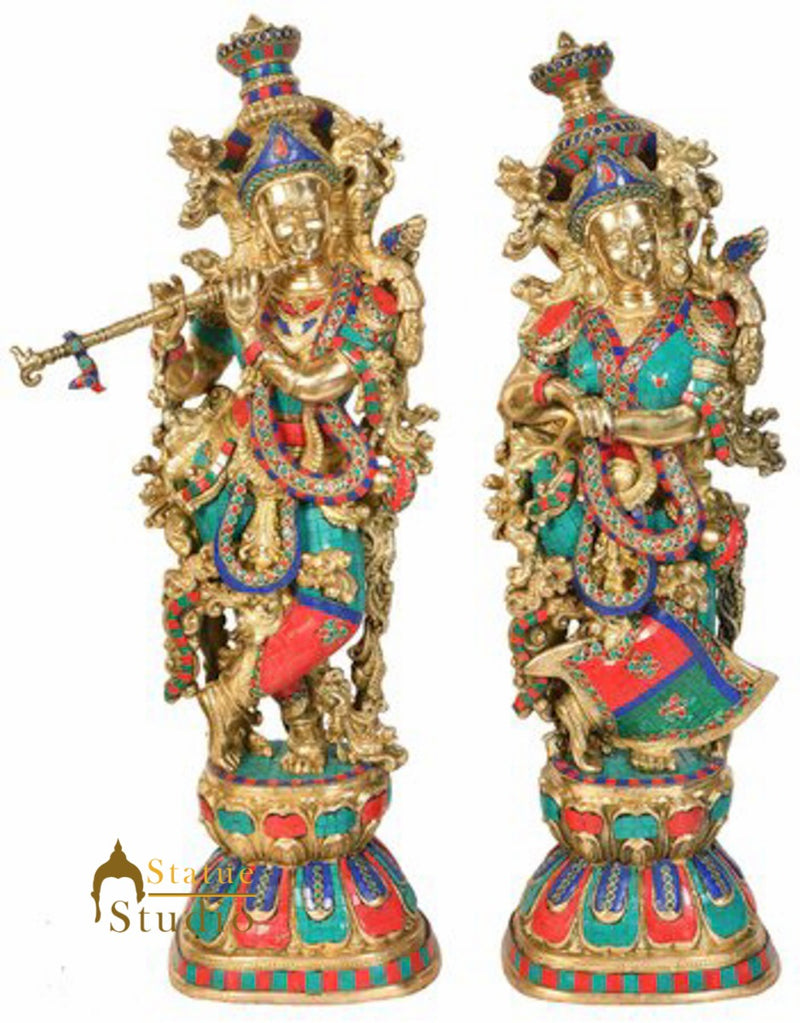 Brass Hindu God Goddess Statue Of Radha Krishna Décor Inlay Statue Idol 29"