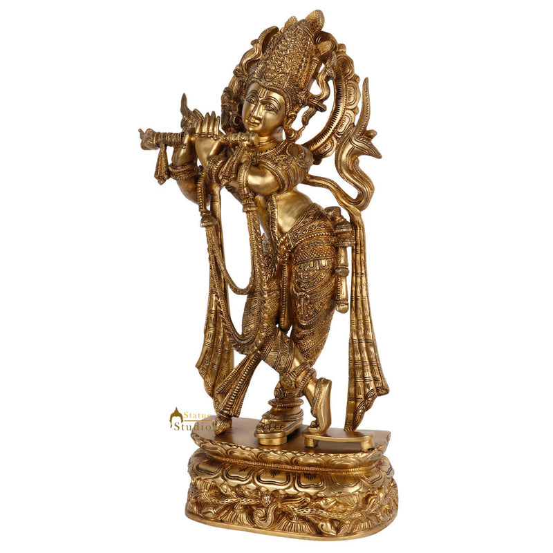 Indian Brass Fine Hindu God Fluting Krishna Statue Idol Décor Showpiece 2 Feet