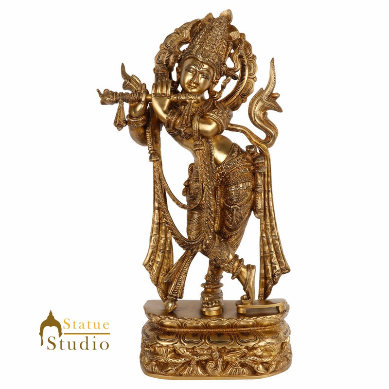 Indian Brass Fine Hindu God Fluting Krishna Statue Idol Décor Showpiece 2 Feet