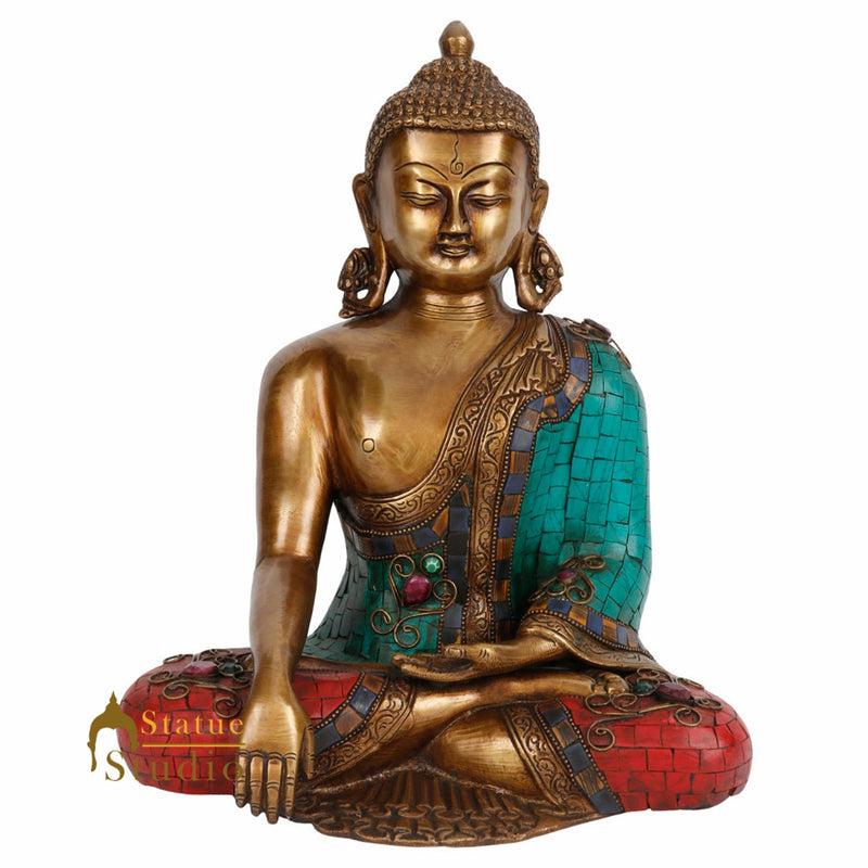 Antique Inlay Japanese Long Earlobes Buddha Décor Statue Idol Showpiece 13"