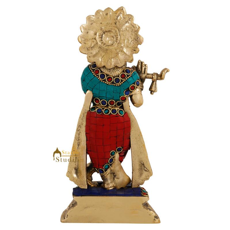 Brass Inlay Statue Of Hindu God Krishna Murli Manohar Fluting Décor Idol 8"