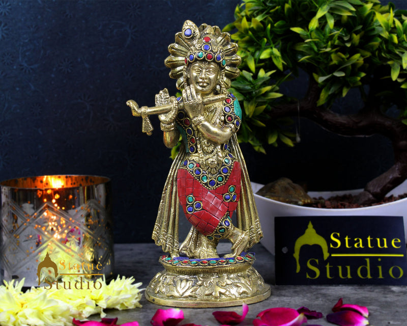 Brass Inlay Statue Of Hindu God Krishna Murli Manohar Fluting Décor Idol 8"