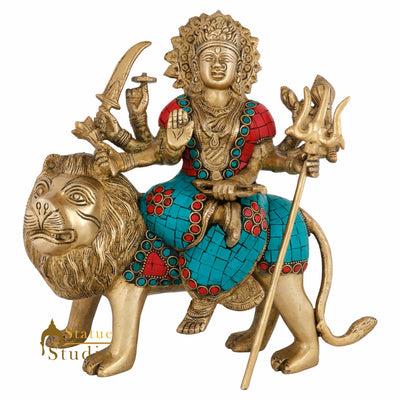 Indian Brass Hindu Goddess Maa Durga Sherawali Statue Temple Décor Idol 10"