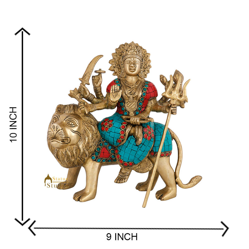 Indian Brass Hindu Goddess Maa Durga Sherawali Statue Temple Décor Idol 10"