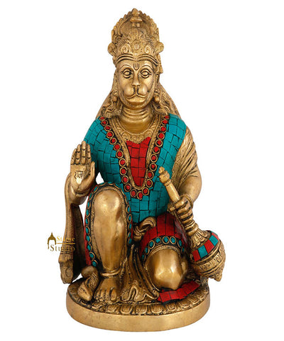 Indian Mahabali Blessing Sitting Hanuman Inlay Work Décor Gift Idol Statue 9"