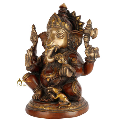 Antique Brass Round Base Ganesha Statue Ganpati Idol Fine Décor Gift 10"