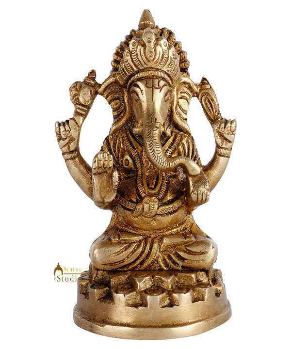 Brass Hindu God Ganpati Diwali Corporate Gift Idol Mini Ganesha Décor Statue 4"