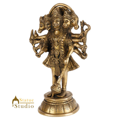 Brass Panchmukhi Hanuman Idol Temple Décor Gift Lucky Standing Statue 10"