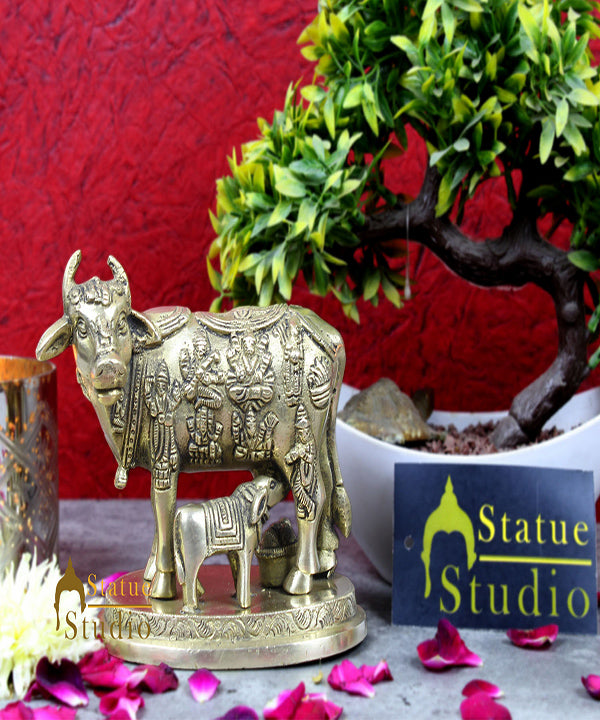 South Indian Antique Brass Fine Lucky God Figurines Cow Statue Décor Gift Idol