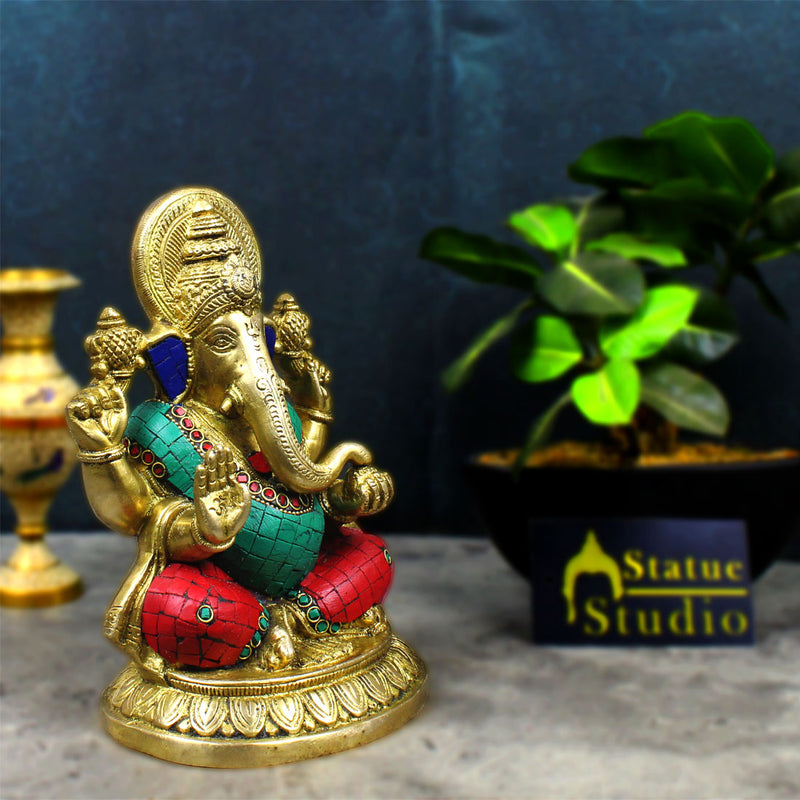 Brass Ganesha Statue Ganpati Idol Hindu Religious Décor Gift Inlay Work Item 8"