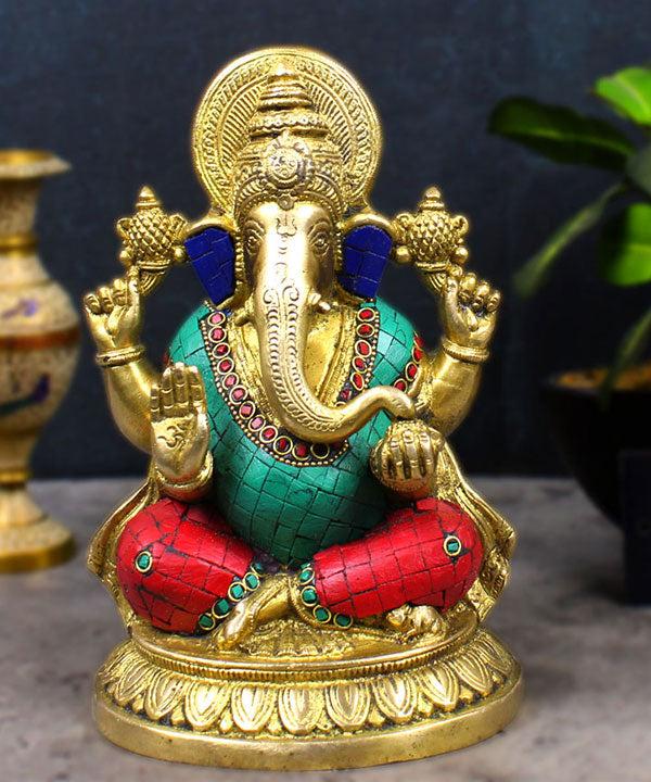 Brass Ganesha Statue Ganpati Idol Hindu Religious Décor Gift Inlay Work Item 8"
