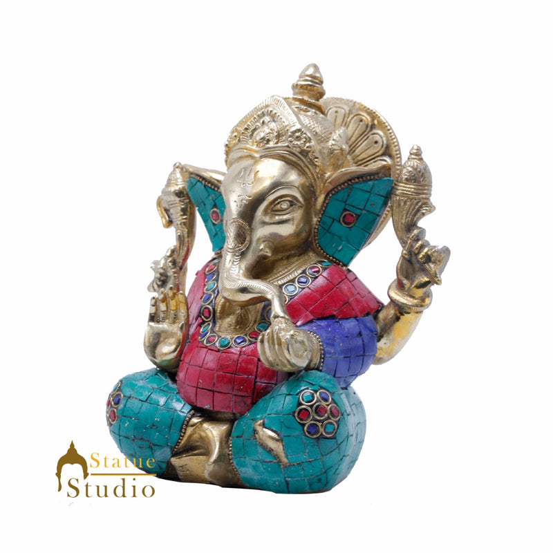 Brass Ganesha Statue Ganpati Idol Hindu Religious Décor Gift Inlay Work 8"