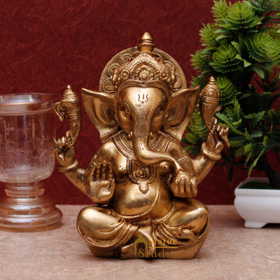 Brass Ganesha Statue Elephant God Ganpati Idol for Home Décor Lucky Gift 7"