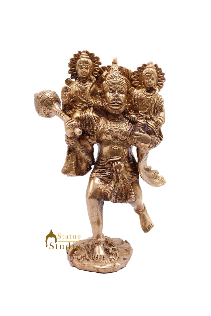 Indian Lord Hanuman Idol Carrying Rama Laxman Rare Religious Décor Statue 7"