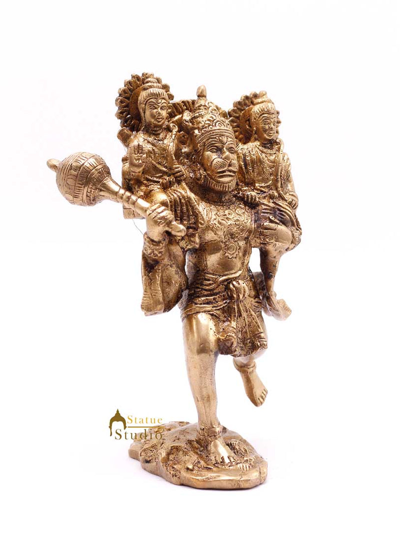 Indian Lord Hanuman Idol Carrying Rama Laxman Rare Religious Décor Statue 7"