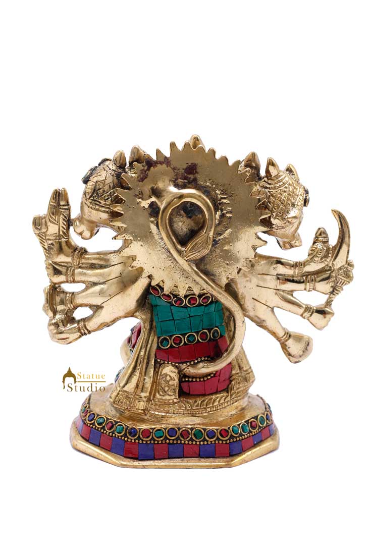 Brass Pawanputra Five Headed Panchmukhi Hanuman Inlay Décor Gift Statue Idol 7"