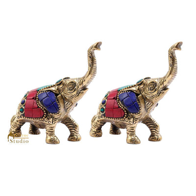 Indian Brass Elephant Pair Lucky Feng Shui Vastu Home Decorative Showpiece 3"