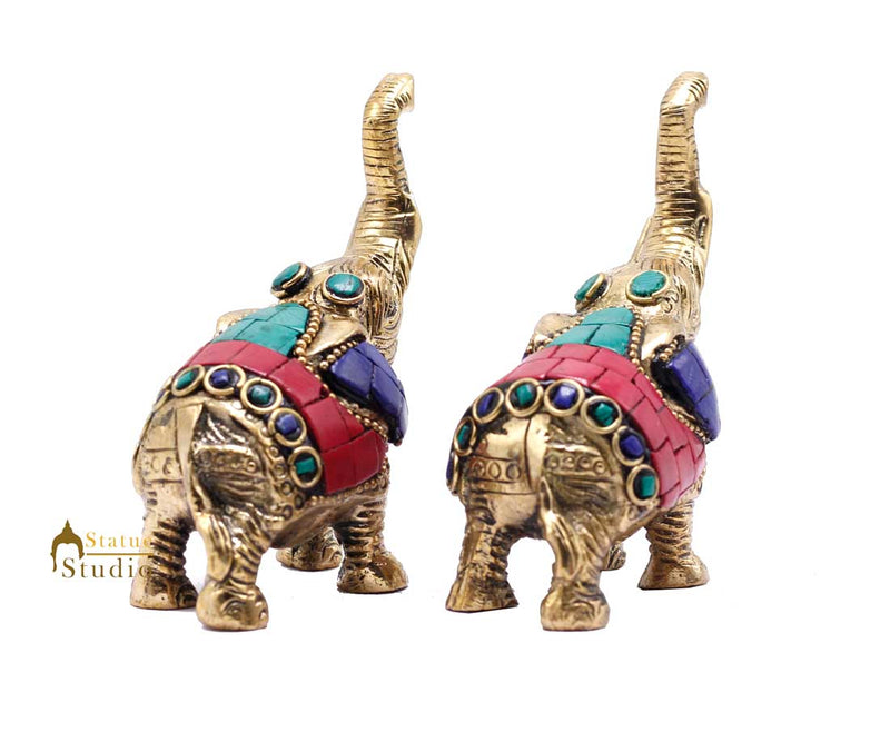 Indian Brass Elephant Pair Lucky Feng Shui Vastu Home Decorative Showpiece 3"