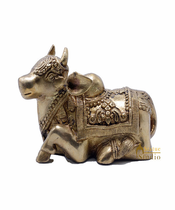 StatueStudio Indian Brass Holy Nandi Murti Home Temple Pooja Decor Idol Shiv Parvati Vehicle Statue Lucky Gift Showpiece 4"