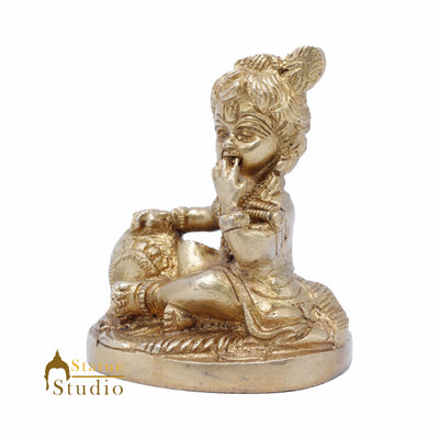 StatueStudio Brass Small Laddoo Gopal Bal Krishna Murti Idol For Home Décor Temple Pooja Puja Statue Showpiece 3"