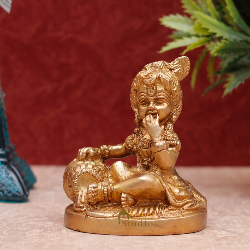 StatueStudio Brass Small Laddoo Gopal Bal Krishna Murti Idol For Home Décor Temple Pooja Puja Statue Showpiece 3"