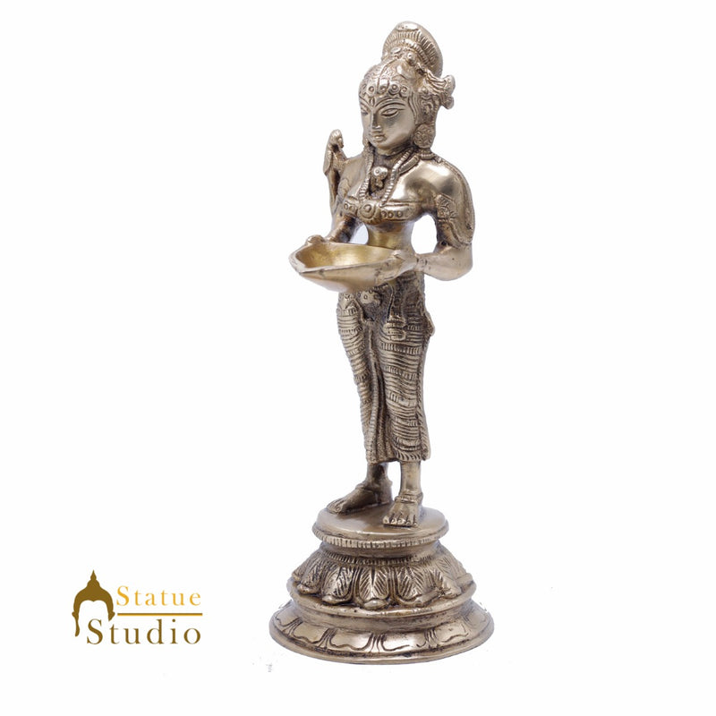 StatueStudio Brass Standing Deeplakshmi Idol For Home Decor Temple Pooja Deep Lady Office Desk Living Room Table Decorative Deeplaxmi Statue Showpiece 9"