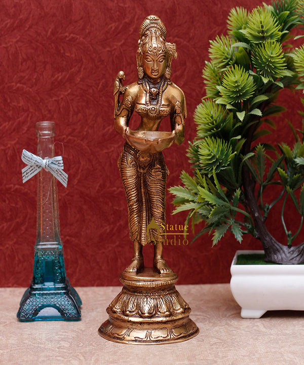 StatueStudio Brass Standing Deeplakshmi Idol For Home Decor Temple Pooja Deep Lady Office Desk Living Room Table Decorative Deeplaxmi Statue Showpiece 9"