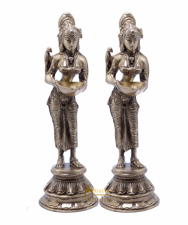 StatueStudio Brass Standing Deeplakshmi Pair Idol For Home Decor Temple Pooja Deep Lady Office Desk Living Room Table Decorative Deeplaxmi Statue Showpiece 9"