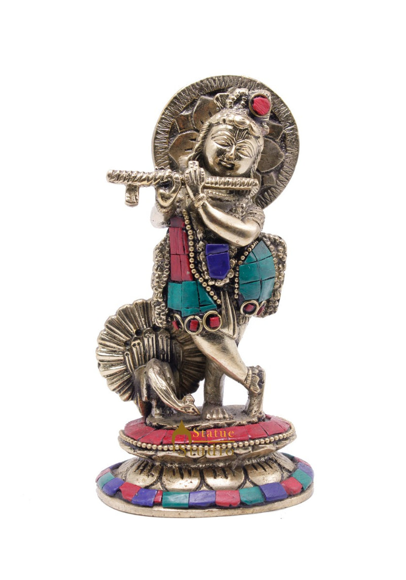 Brass Standing Krishna Idol For Home Temple Religious Décor Lucky Gift Statue 6"