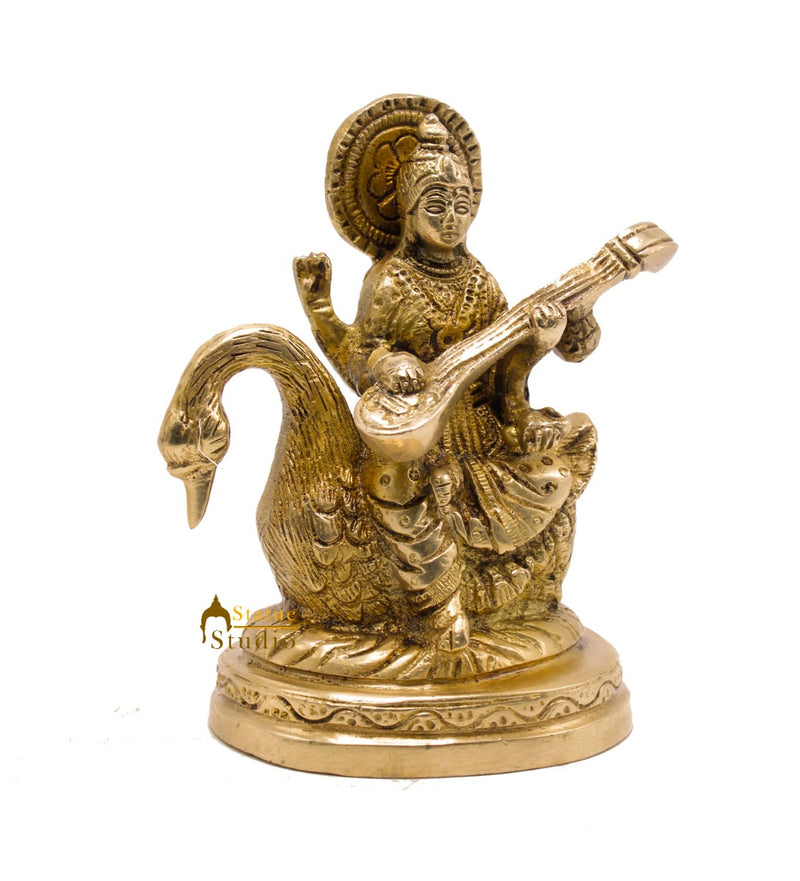 Indian Brass Hindu Goddess Saraswati on Swan Lucky Gift Murti Idol Statue 4.5"
