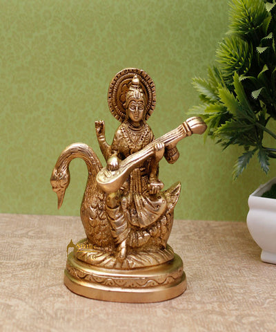 Indian Brass Hindu Goddess Saraswati on Swan Lucky Gift Murti Idol Statue 4.5"