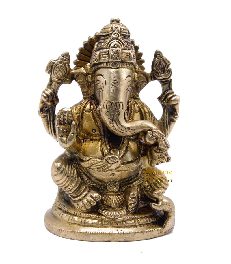 Brass Ganesha Idol For Home Décor Office Desk Lucky Gift Showpiece Statue 4"