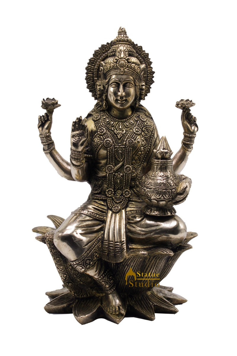 Brass Antique Lakshmi Idol With Money Pot Laxmi Murti Home Decor Statue 12"