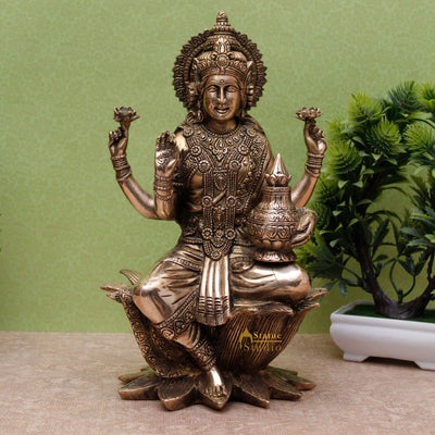 Brass Antique Lakshmi Idol With Money Pot Laxmi Murti Home Decor Statue 12"