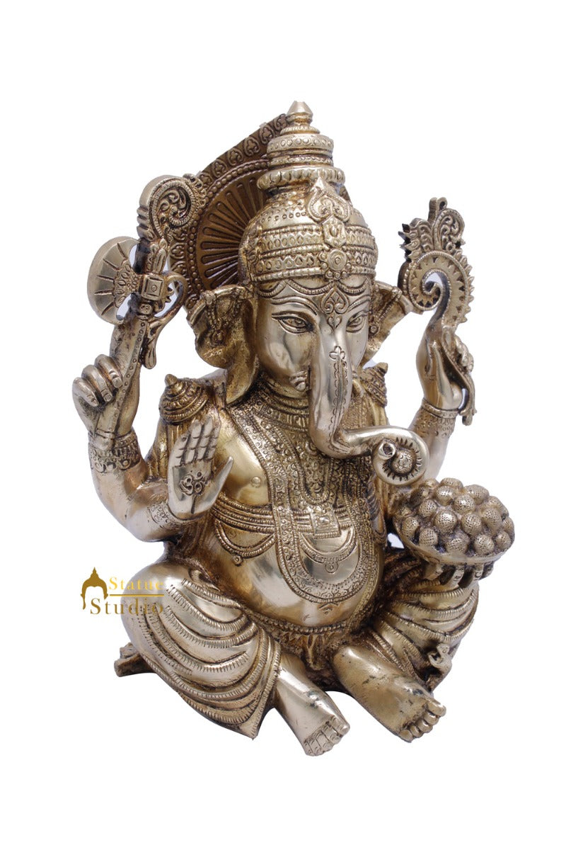 Antique Ganesha Idol With Modak Plate Lucky Home Office Decor Gift Statue 10"