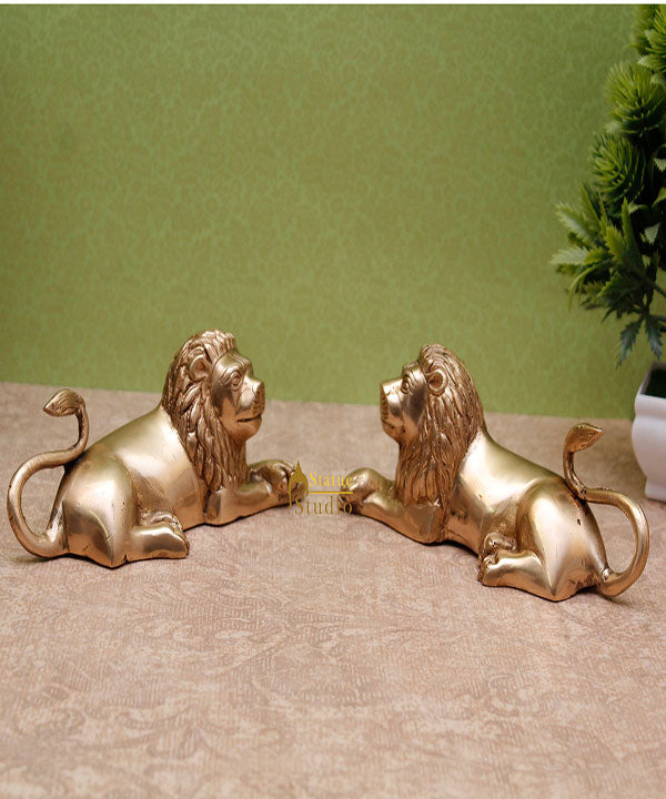 Brass Sitting Lion Pair Showpieces For Home Office Desk Table Décor Statue