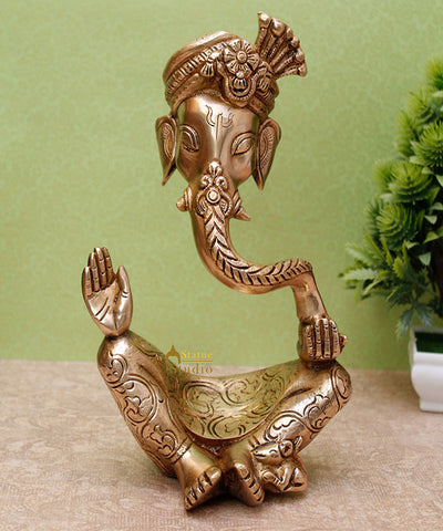 Brass Ganesha Turban Statue For Modern Home Décor Showpiece Big Murti Idol 10"