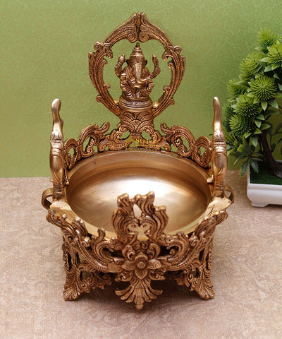 Brass Indian Ganesha Urli Ganpati Uruli Showpiece For Home Office Décor 11"