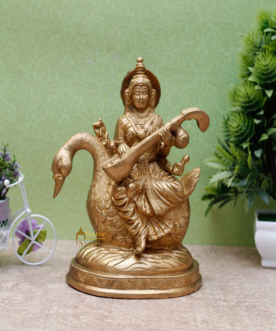Indian Brass Hindu Goddess Saraswati on Swan Lucky Gift Murti Idol Statue 7"