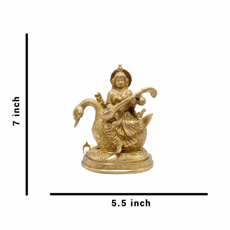 Indian Brass Hindu Goddess Saraswati on Swan Lucky Gift Murti Idol Statue 7"