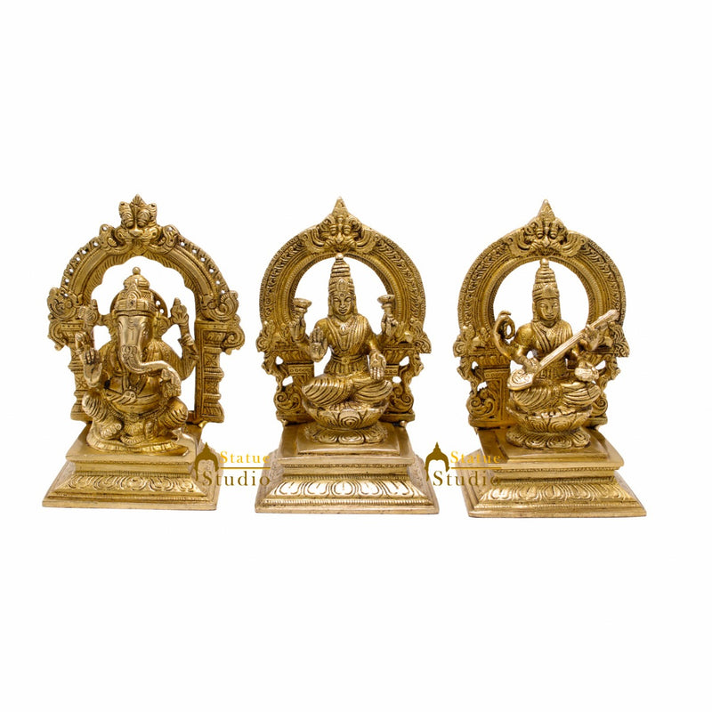 Brass Ganesha Lakshmi Saraswati Idols For Home Office Temple Décor Statue 7"