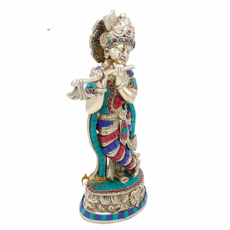 Brass Standing Krishna Idol Home Temple Religious Décor Lucky Gift Statue 12"