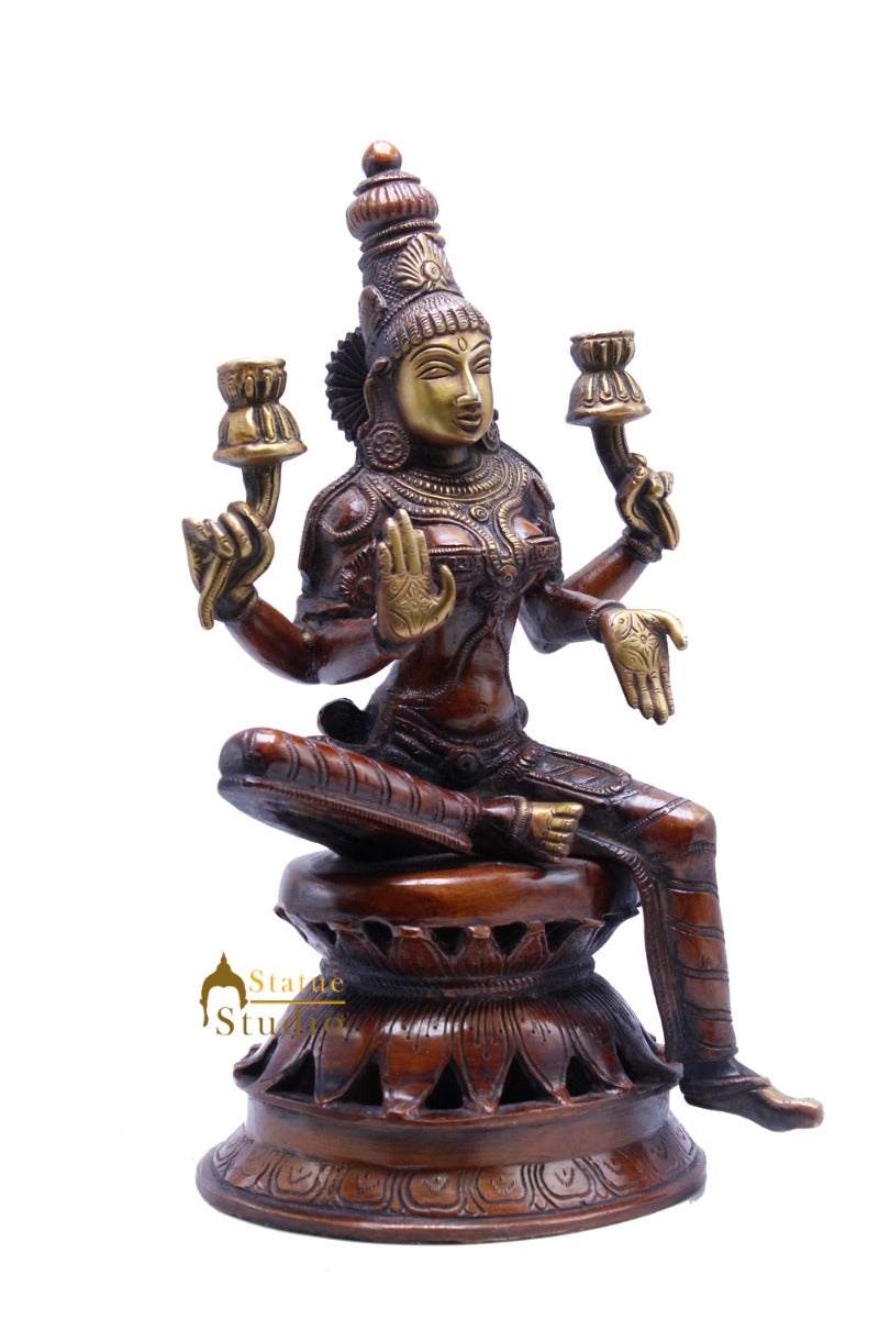 Antique Brass Lakshmi Idol Sitting Murti Religious Home Décor Lucky Statue 12"