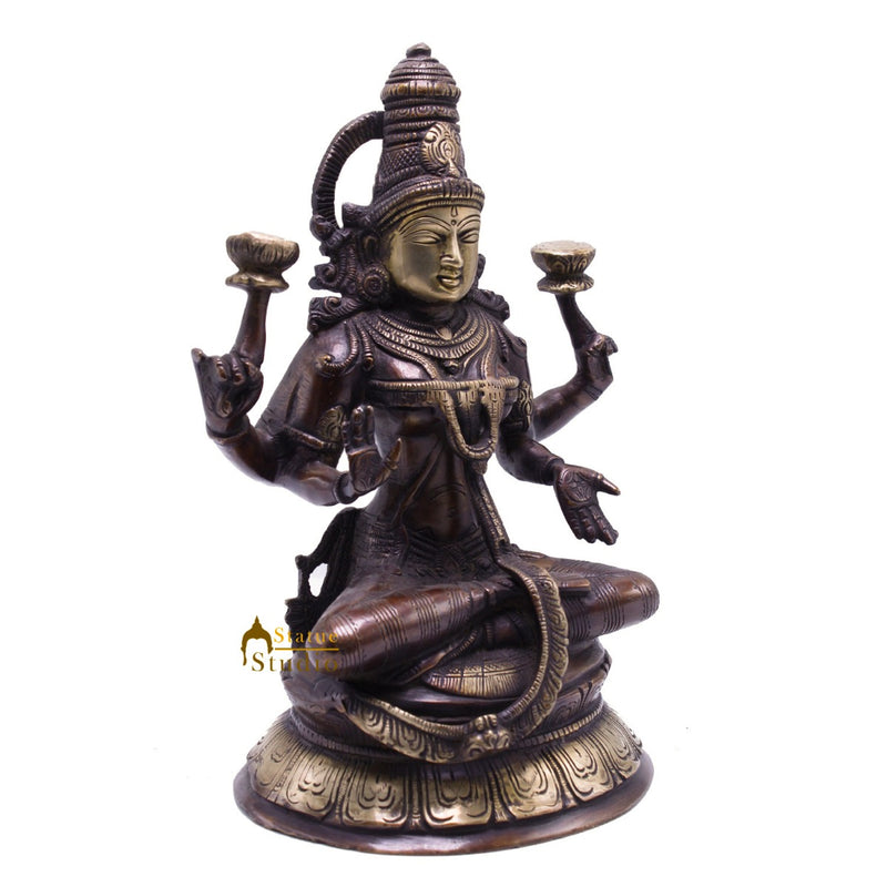 Antique Brass Lakshmi Idol Sitting Murti Religious Home Décor Lucky Statue 10.5"