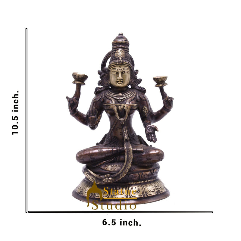 Antique Brass Lakshmi Idol Sitting Murti Religious Home Décor Lucky Statue 10.5"