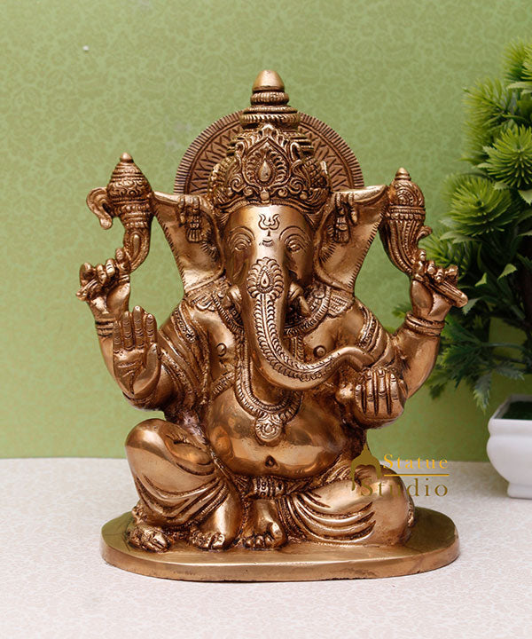 Brass Ganesha Idol For Home Décor Ganpati Statue Lucky Gift Showpiece 8.5"