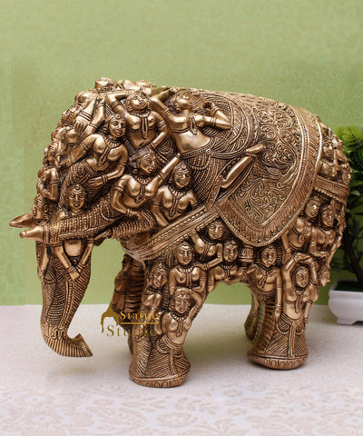 Brass Antique Hand Carved Elephant Showpiece Statue For Home Office Décor Masterpiece 11"