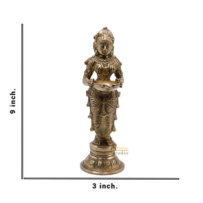 Antique Brass Deeplakshmi Statue For Pooja Room Home Décor And Gifting 9"