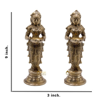 Antique Brass Deeplakshmi Pair Statue For Pooja Room Home Décor And Gifting 9"