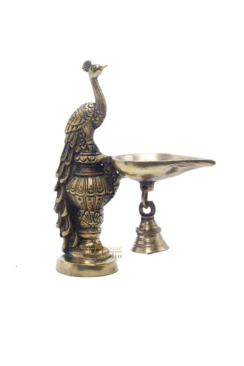 Brass Peacock Oil Lamp Diya Home Office Pooja Temple Diwali Décor Gift 6.5"
